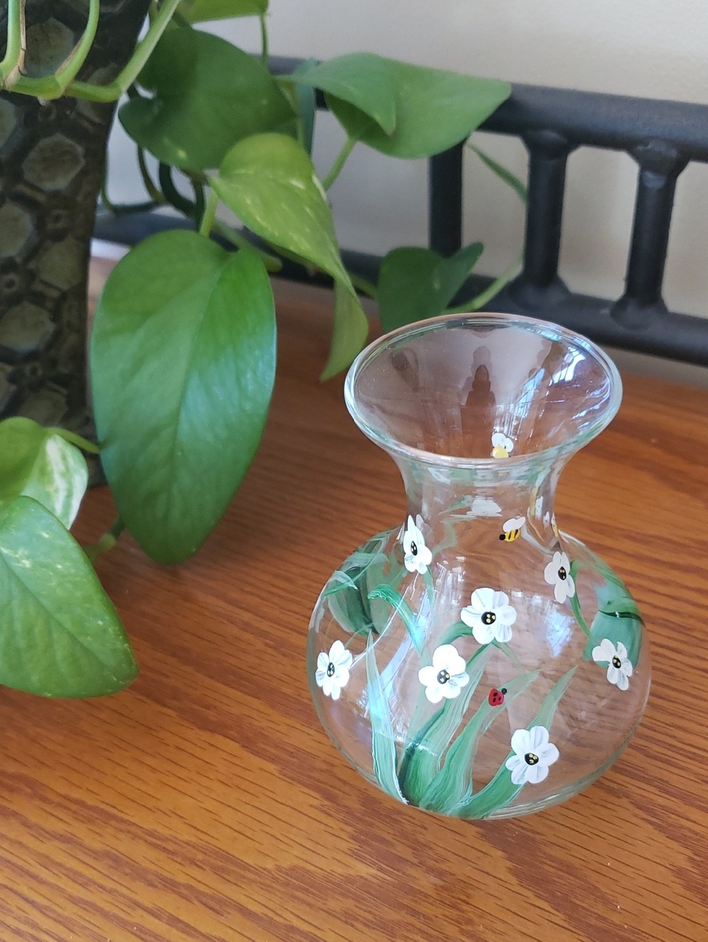 Hand-Painted Whimsical Floral Glass Vase- 4 1/2" H
